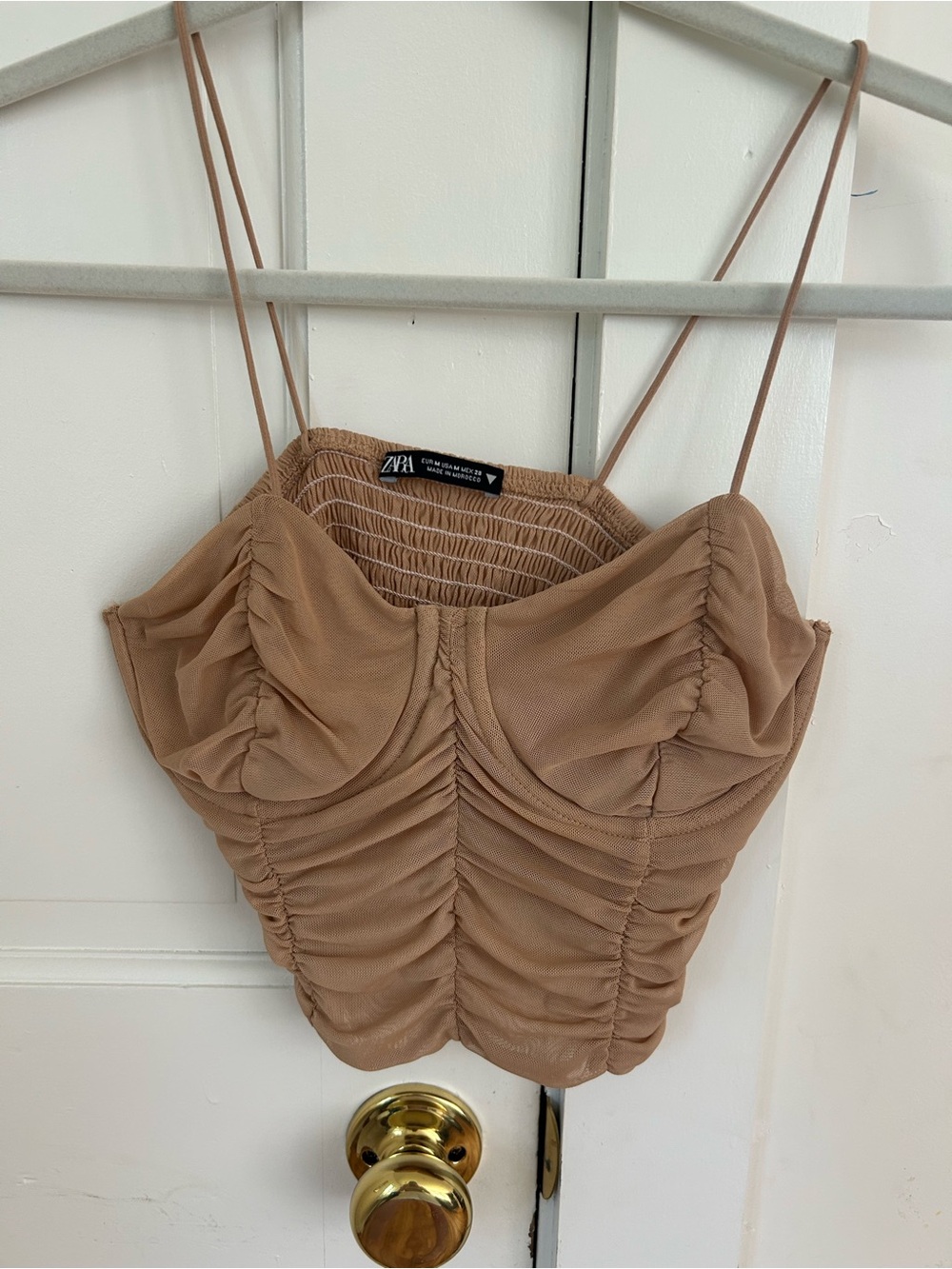 Zara Pinkish Beige Ruched Spaghetti-Strap Crop Top